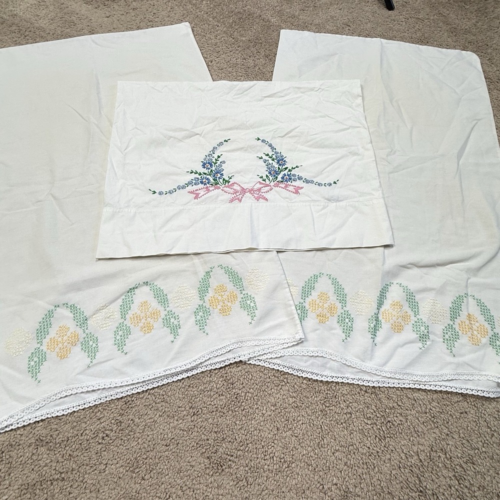Vintage White Cotton Pillow Cases With Hand Embroidery Flowers Set of 3 Standard